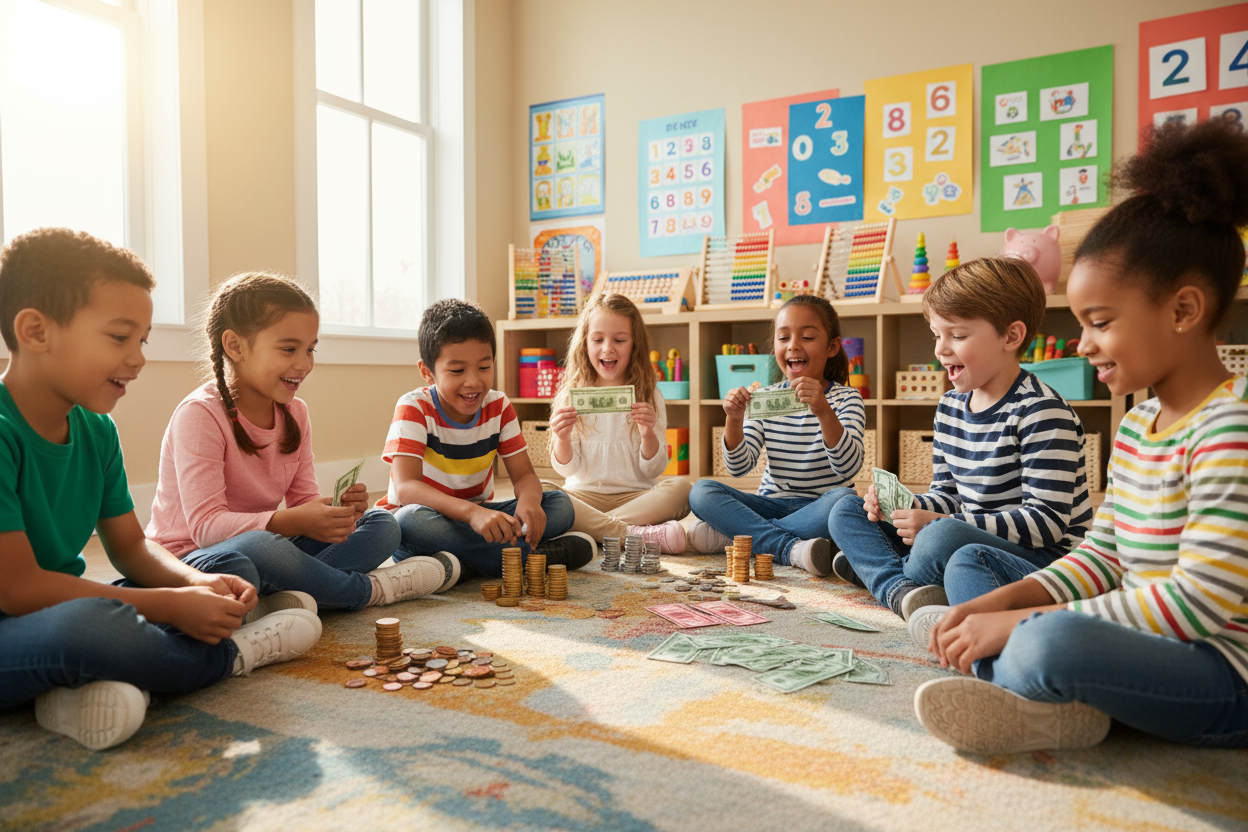 diverse group of kids playing and counting money