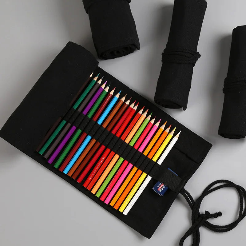 12/24/36/48/72Hole Black Cloth Pencil Case Stationery Cosmetic Brush Pencil Storage Bag Pencils Roll Art Pen Bag School Supplies